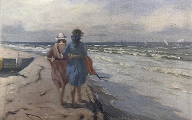 SOLD. Aage Wang: Walking along the beach. Sign. Aage Wang 22. Oil on canvas. 24 x 34 cm. Unframed. – Bruun Rasmussen Auctioneers of Fine Art
