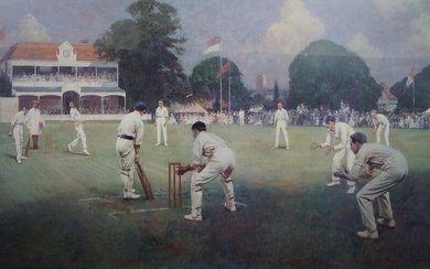 After Albert Chevallier Tayler NEAC RBA ROI, British 1862-1925- Kent v. Lancashire at Canterbury in 1906; offset lithograph, 50.5 x 85 cm