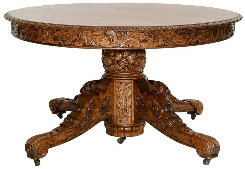 American Carved Oak Dining Table with Seven Leaves