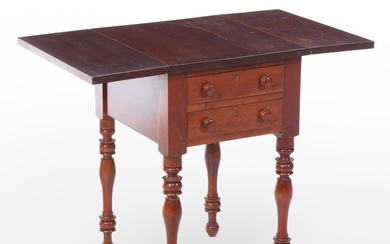 American Primitive Cherrywood Two-Drawer Drop-Leaf Side Table, 20th Century