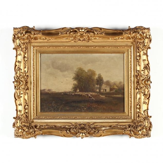 An Antique English School Painting of a Shepherd with Flock