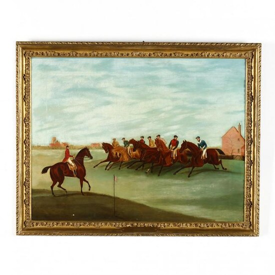 An Antique English School Painting of a Steeplechase