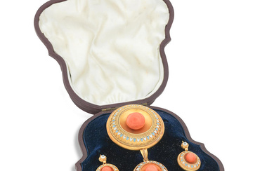 An Archaeological Revival coral and enamel demi-parure, circa 1870