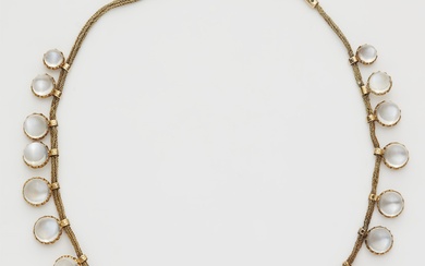An Edwardian probably 9k gold and moonstone cabochon fringe necklace.