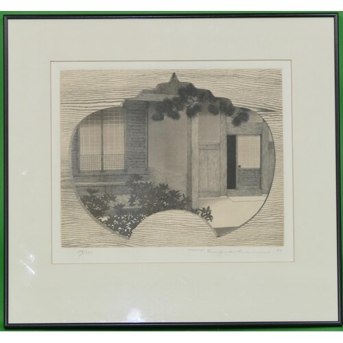 An Oriental Black and White Signed Etching depicting entranc...