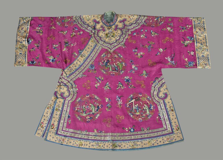 An attractive Chinese magenta silk damask Han Chinese women's robe