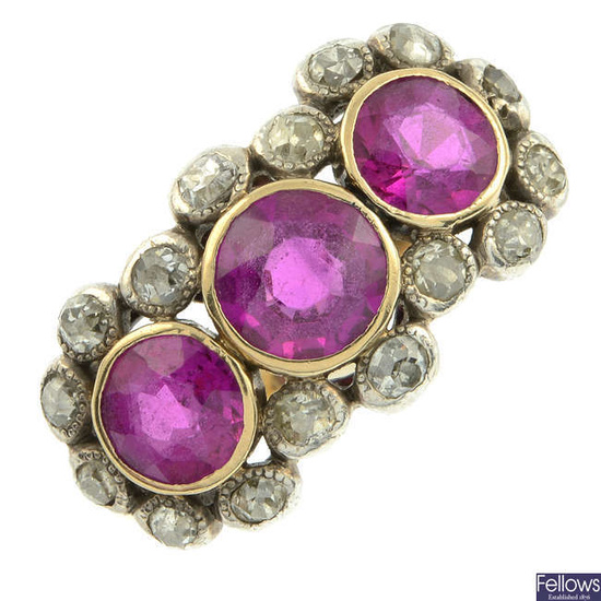 An early 20th century 18ct gold synthetic ruby and old-cut diamond cluster ring.