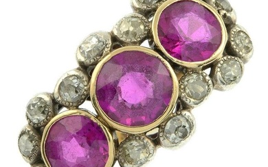 An early 20th century 18ct gold synthetic ruby and old-cut diamond cluster ring.