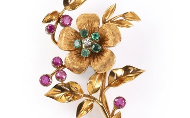 An emerald, diamond and ruby floral brooch