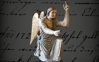 Ange de l'Annonciation, archange Gabriel, côté gauche d'un groupe de personnages, entièrement sculpté, 2 bouts...