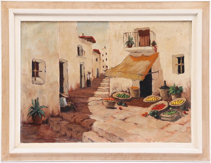 (-), Anonymous, summer cityscape with resting fruit seller,...