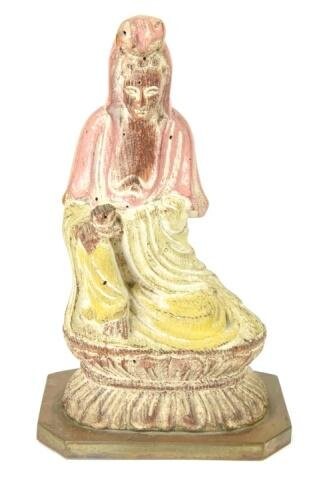 Antique Chinese Polychrome Carved Wood Guanyin