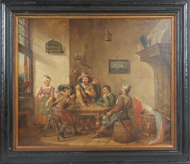 Antique Dutch Tavern Scene, Oil on Canvas