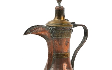 Antique Omani copper and brass dallah coffee pot with foliat...