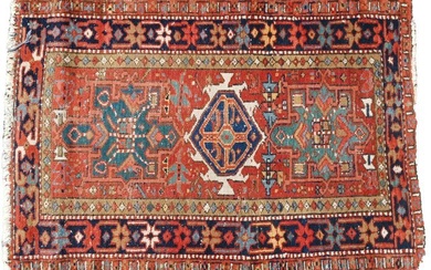 Antique Persian Karaja 4’2”x2’10.5” Red Blue Teal Vintage Carpet Rug