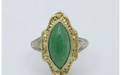 Art Deco 14K Gold Jade Navette Filigree Ring