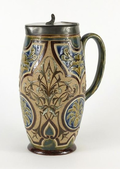 Art Nouveau Doulton Lambeth pewter mounted jug by Eliza