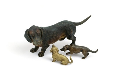 Austrian Cold Painted Bronze Miniatures, Cold Painted Beagle & Hounds, Ca. 1910, H 1.5" W 1" L 3.5"