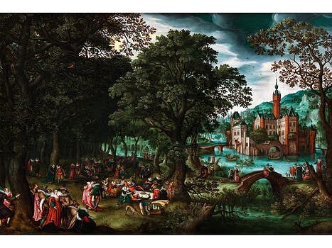 Bartholomeus Grondonck, um 1580 Antwerpen – um 1630 ebenda, EIN FEST AUF EINER WALDLICHTUNG VOR EINEM WASSERSCHLOSS