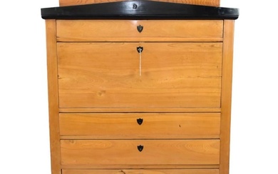 Biedermeier Chest/Desk, Birch and Ebony Wood, Drop Front Revealing Fitted Interior over 3 Drawers