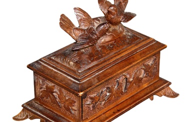 Black Forest diminutive artist signed dresser box in carved walnut