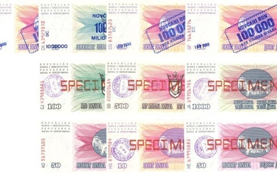 Bosnia and Herzegovina. 4x 10, 25, 2x 50, 100, 500 and 1000 dinara. Banknote. Type 1992 - UNC.