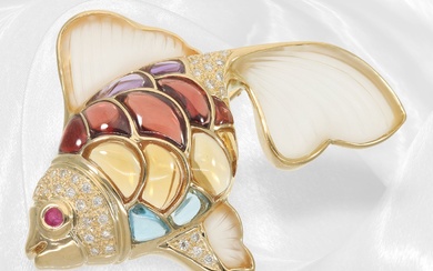 Broche/pendentif d'orfèvrerie fantaisie très décoratif avec des pierres de couleur et des diamants taillés en...