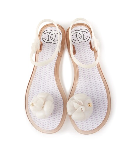CHANEL | WHITE CAMELLIA JELLY ANKLE STRAP THONG FLAT SANDALS