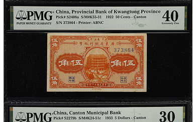 CHINA--PROVINCIAL BANKS. Lot of (4). The Provincial Bank of Kwangtung & Canton Municipal Bank. 50 cents to 5 Dollars, 1922-1940. P-S2408...