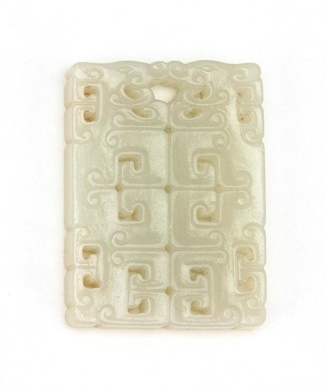 CHINESE WHITE JADE PENDANT Pierced rectangle, with stylized dragon design. Length 1.8".