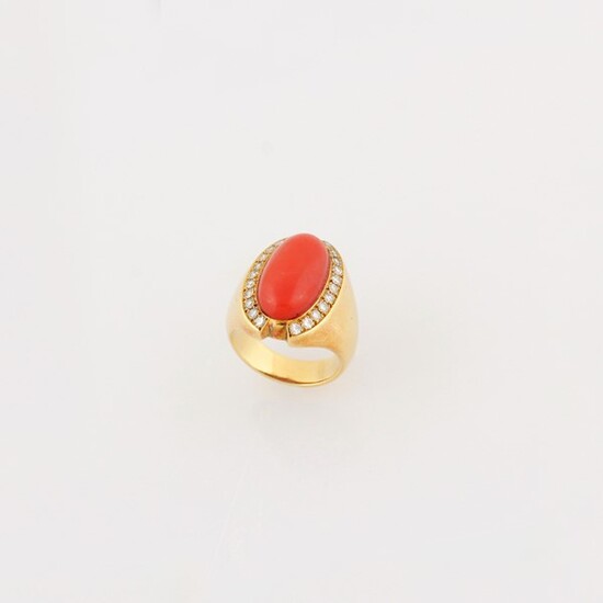 CORAL, DIAMOND AND GOLD RING