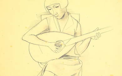 Carl Hofer, 1878 Karlsruhe-1955 Berlin, Femme au luth, dessin au crayon sur papier, légèrement bruni...