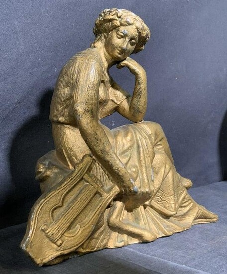 Cast Metal Sculpture of Seated Woman with Lyre