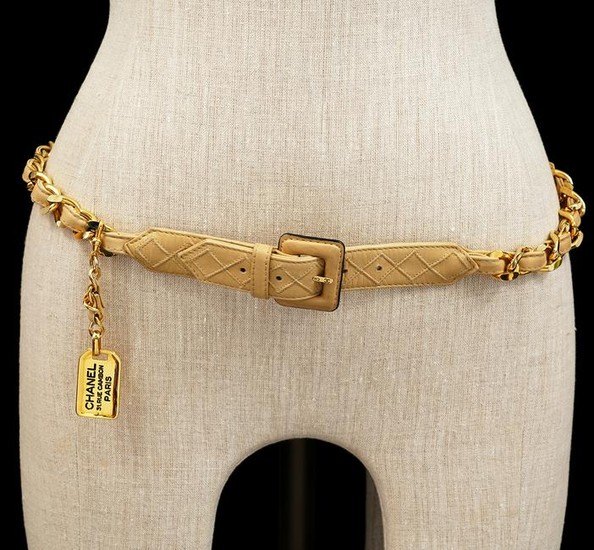 Chanel Gold Tone Chain & Beige Leather Belt