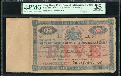 Chartered Bank of India, Australia & China, Hong Kong, cancelled $5, partial date 189-, no seri...