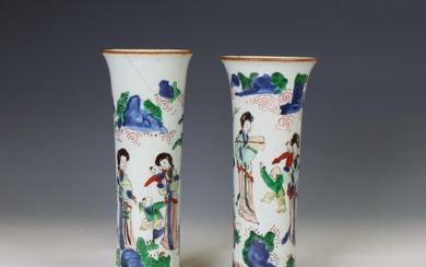 China, pair of wucai porcelain cylindrical vases, probably 17th century