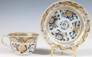 Chinese Blue and Gilt Fitzhugh Porcelain Cup and Saucer