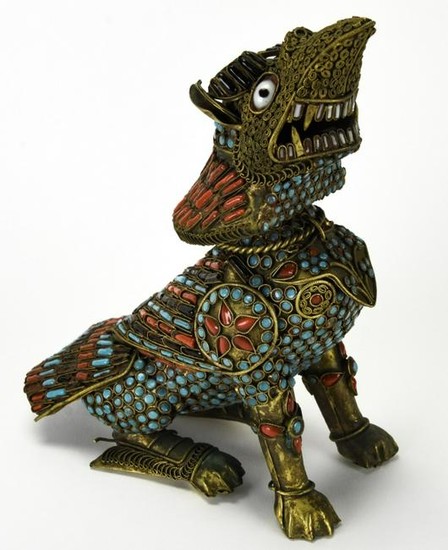 Chinese Brass & Enamel Figural Foo Dog Statue