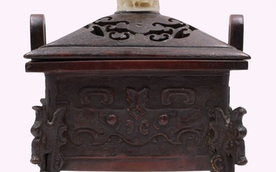 Chinese Bronze Censer with Carved Wood and Jade