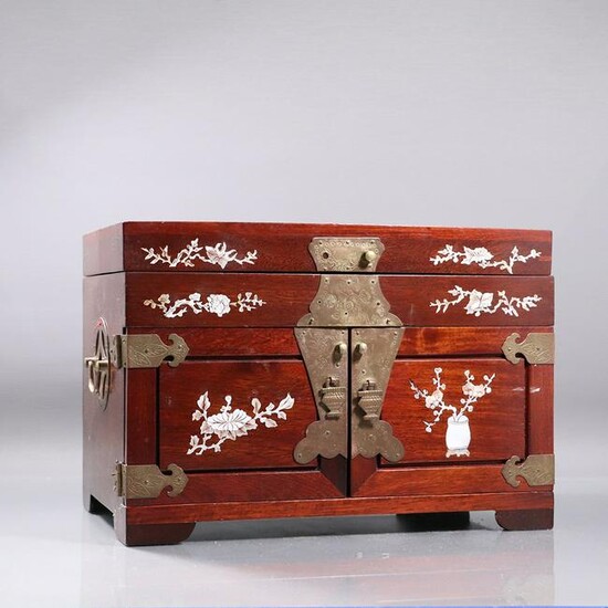 Chinese Cherry Mahogany Jewelry Chest with MOP Inlay