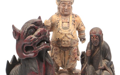 Chinese Polychrome Carved Wood Solider with Guardian Lion and Other Figurine
