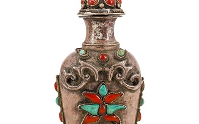 Chinese Silver and Agate with Turquoise Snuff Bottle