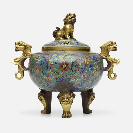 Chinese, cloisonné enamel tripod censer and cover