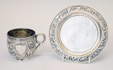 Chinese export silver card tray and cup