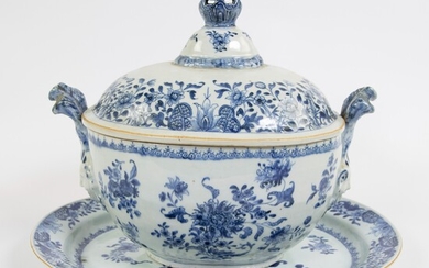 Chinese porcelain tureen and its cover and dish, Qianlong period, 18th century. Sculptural mascaron handles and raised finial, ca 1750
