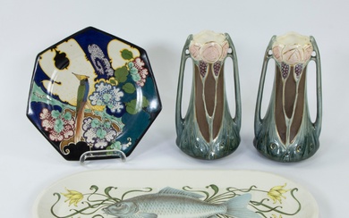 Collection of Art Nouveau pottery, pair of stylised vases, dish Villeroy Boch and plate Gouda