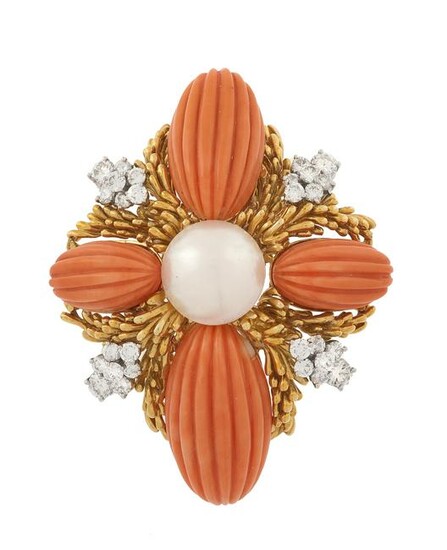 Coral, Pearl and Diamond Brooch