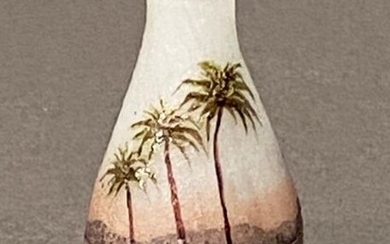 Daum Frères (late 19th Century) French Art Nouveau etched and enamelled cameo glass vase. Delightful miniature vase decorated with palm trees along the side of the Nile against a pink sunset, signed. Circa 1900 - Height 4.3 cm.