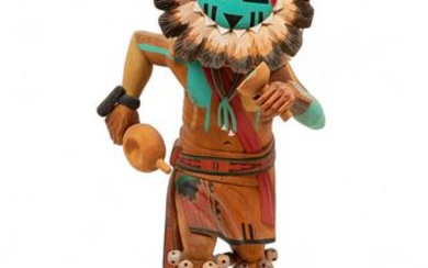 David Roy (American, Hopi, B. 1965) Hand Painted Carved Cotton Wood Kachina "Hopi Sunface" H 14" W 5" Depth 5"