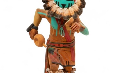 David Roy (American, Hopi, B. 1965) Hand Painted Carved Cotton Wood Kachina "Hopi Sunface" H 14" W